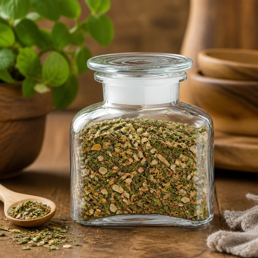Idé til krydderiglas: Firkantet apotekerflaske 150 ml med bred hals Glasbeholder til krydderier, 150 ml, med en blanding af oregano og hvidløg samt en træske på et rustikt træbord