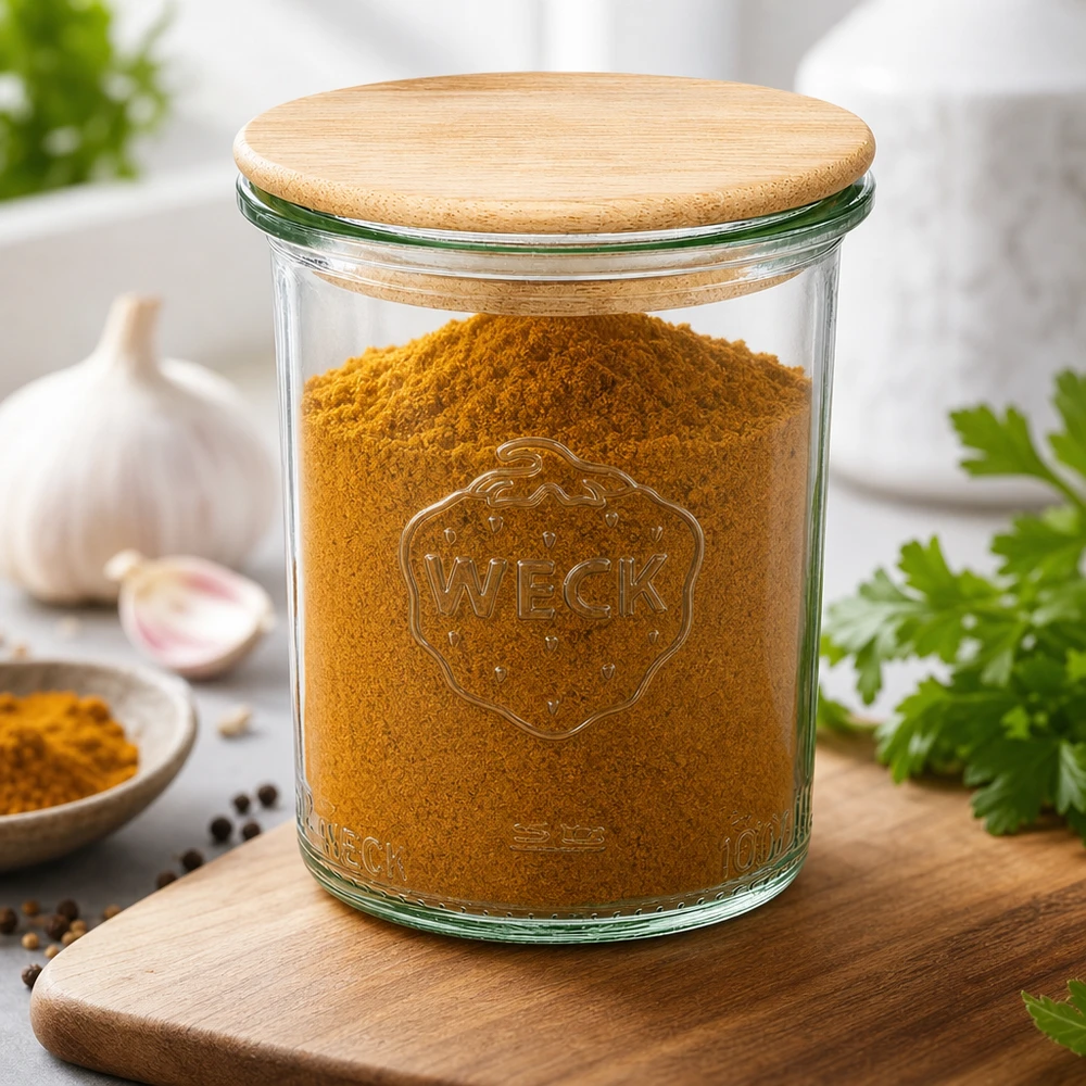 160 ml Briller WECK RR60 med trælåg WECK 160 ml RR60 murerbalje med bambuslåg fyldt med gurkemeje krydderier køkkenbræt hvidløg krydderurter