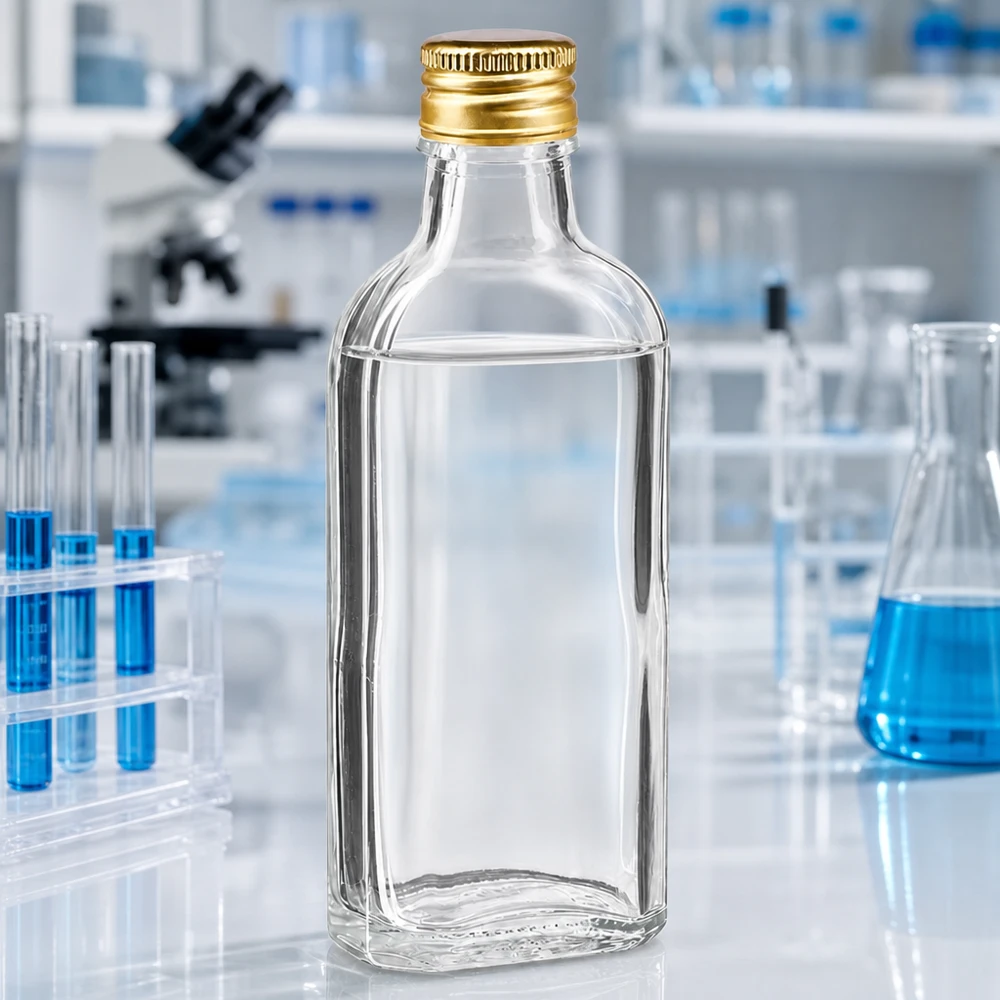 100 ml Meplat klar med aluminiumshætte guld PP22 Gennemsigtig 100 ml Meplat-flaske med gylden PP22-aluminiumprop i et videnskabeligt laboratorium