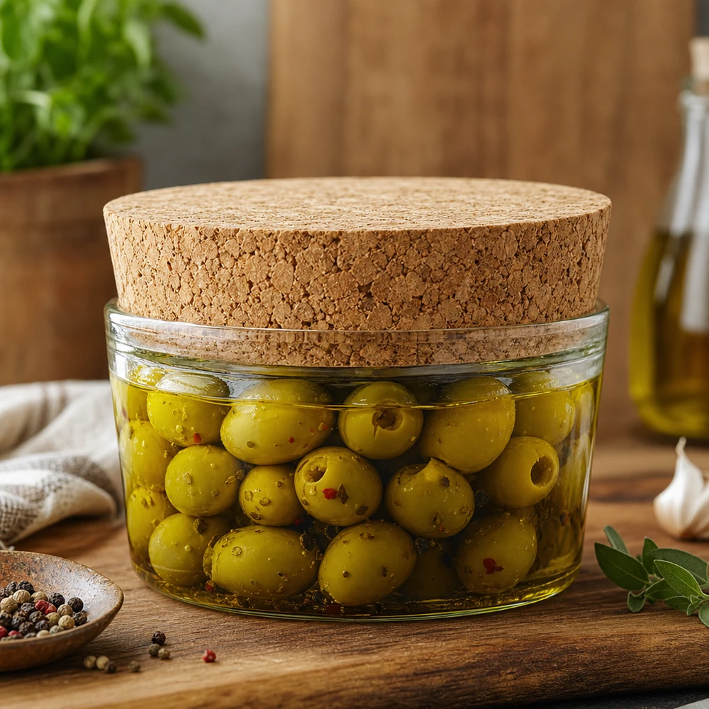 Kork til 40 mm åbning WECK RR40 (ø38/43, H=20 mm) Eingelegte Oliven in Glasdose mit WECK Korken RR40 Naturkork Verschluss mediterrane Küche luftdichte Aufbewahrung 40mm