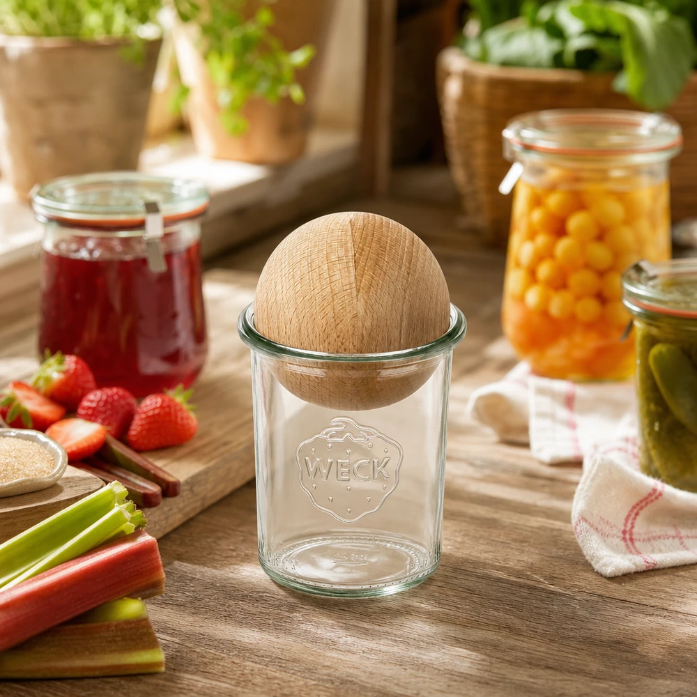 160 ml Briller WECK RR60 med trækugle bøg WECK Sturzglas 160ml mit Buchenkugel in rustikaler Küche neben Marmeladengläsern und frischen Zutaten dekoriert