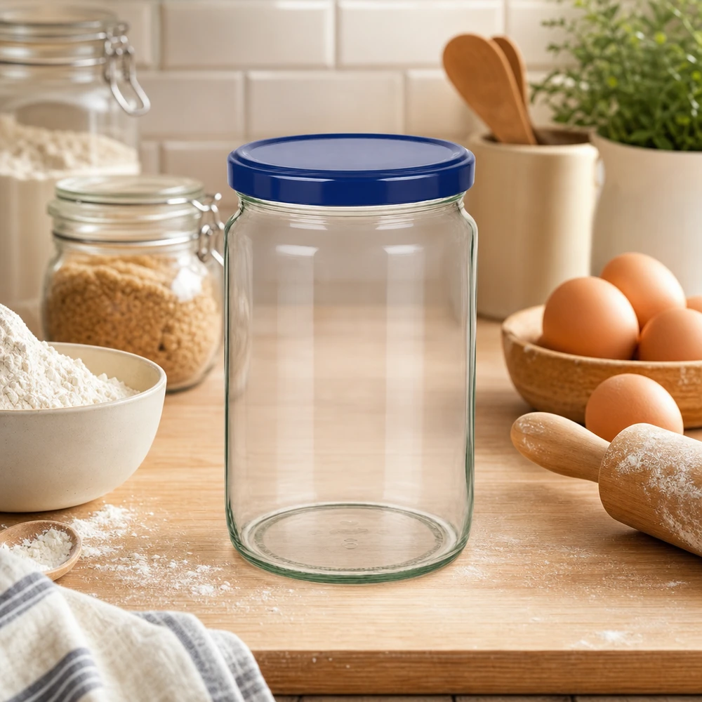 795 ml rund krukke + BasicSeal-låg blå UNiTWIST 795ml Rundglas mit blauem BasicSeal Deckel auf Küchenarbeitsplatte mit Backzutaten Eiern und Mehl für Vorratshaltung