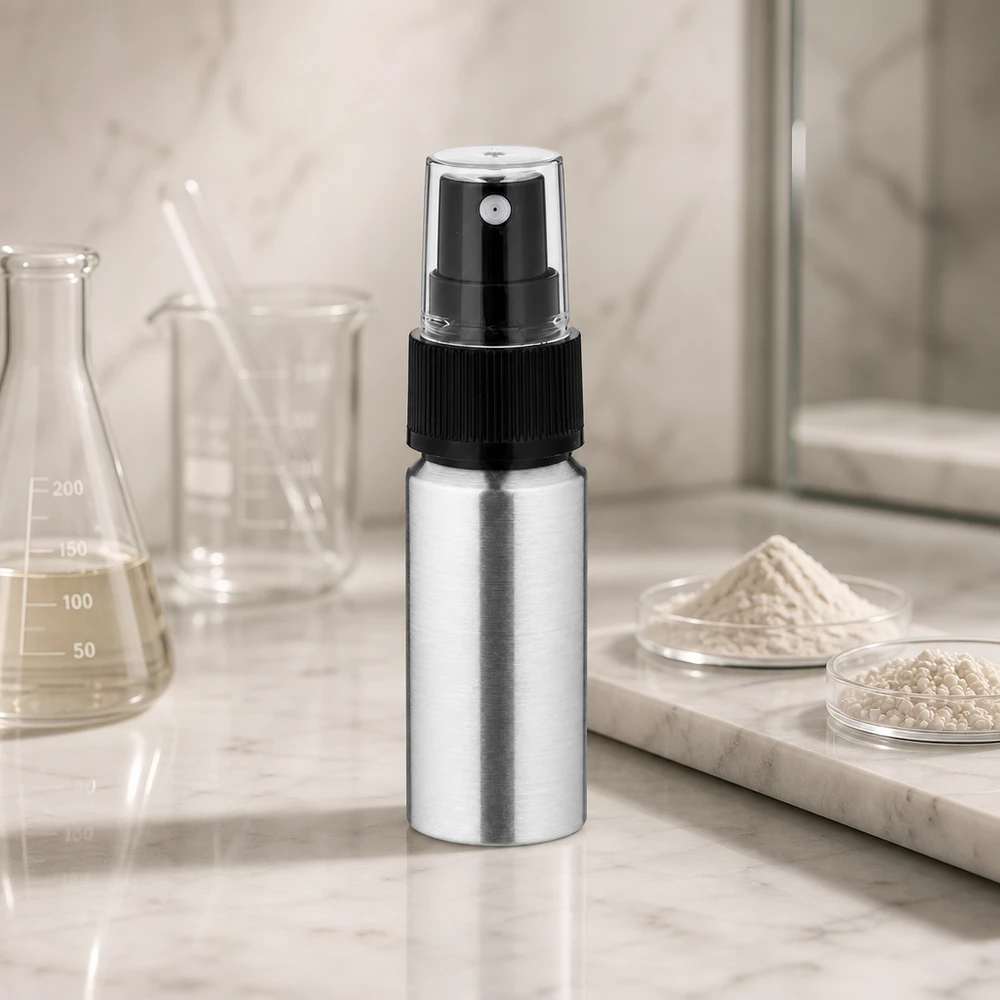 20 ml flaske i poleret aluminium med forstøver Poleret aluminiumsflaske 20 ml med sort sprayhoved til kosmetik og parfume