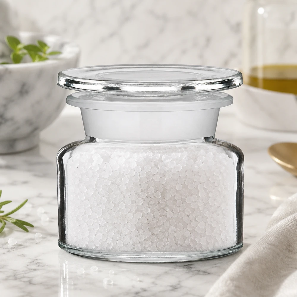 Idé til krydderiglas: apotekerflaske 50 ml med bred hals i klart glas Apotekerflaske, 50 ml, bredhalset, klart glas, fyldt med havsalt, på en hvid marmorplade