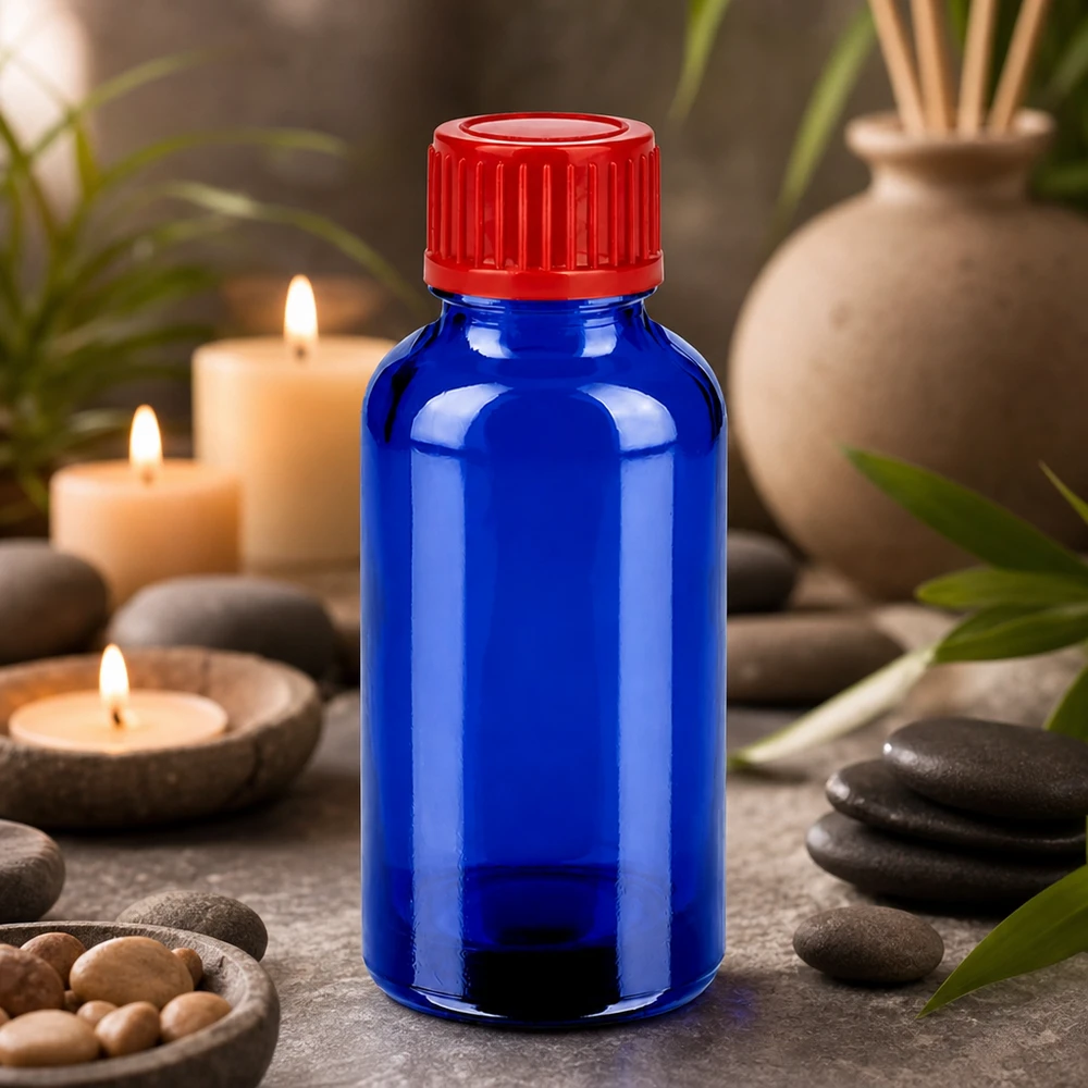 30 ml flaske 11 mm SV rød STD BlueLine UT18/30 30 ml dråbeflaske lavet af UV-beskyttende blåt glas med lækagesikker rød hætte