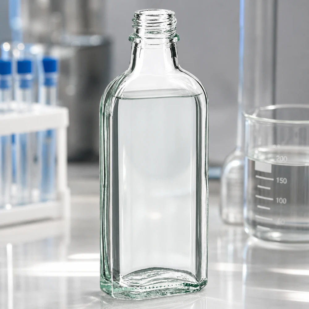 Flad, gennemsigtig 100 ml Meplat-flaske med DIN22-gevind i et medicinsk laboratorium