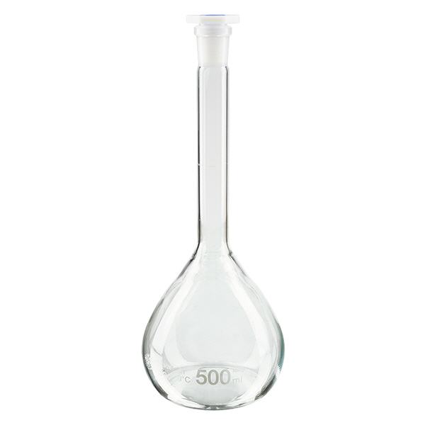 Målekolbe 500 ml med standard slebet led og PEHD-prop Målekolbe 500 ml med standard slebet led og PEHD-prop