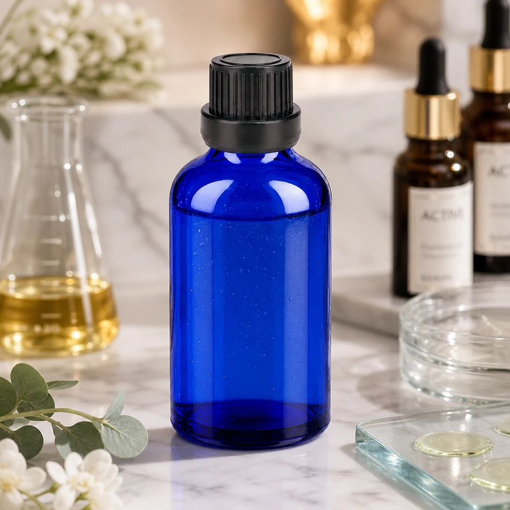 50 ml flaske 11 mm SV sort OV BlueLine UT18/50 Førsteklasses 50 ml apoteksflaske af UV-beskyttende koboltglas med sort, indbrudssikkert låg