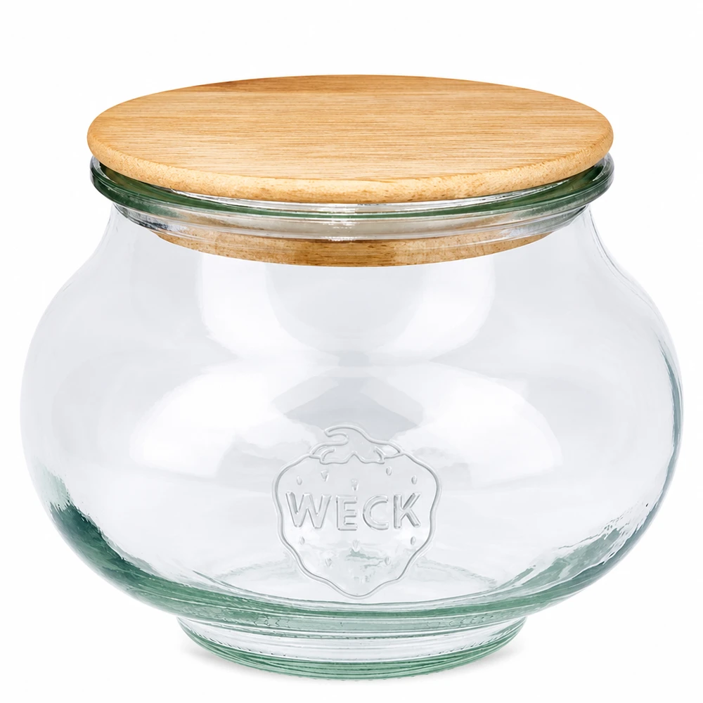 560 ml smykkekrukke WECK RR80 med trælåg WECK smykkekrukke 560ml RR80 med rundt trælåg lavet af egetræ gennemsigtig opbevaringskrukke med Weck-logo