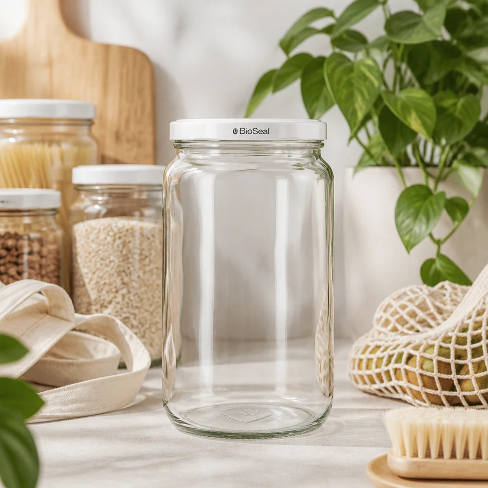 UNiTWIST Runda795 med hvidt låg TO82 BioSeal UNiTWIST Runda795 opbevaringskrukke med hvidt TO82 BioSeal-låg i bæredygtigt zero-waste-køkken med naturlige materialer