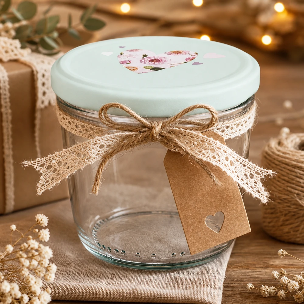 230 ml glas med skrå kant + BasicSeal låg, hjerteformet, mint UNiTWIST 230ml Sturzglas mit BasicSeal Deckel Herz mint als Geschenkidee, dekoriert mit Juteschleife und Geschenkanhänger