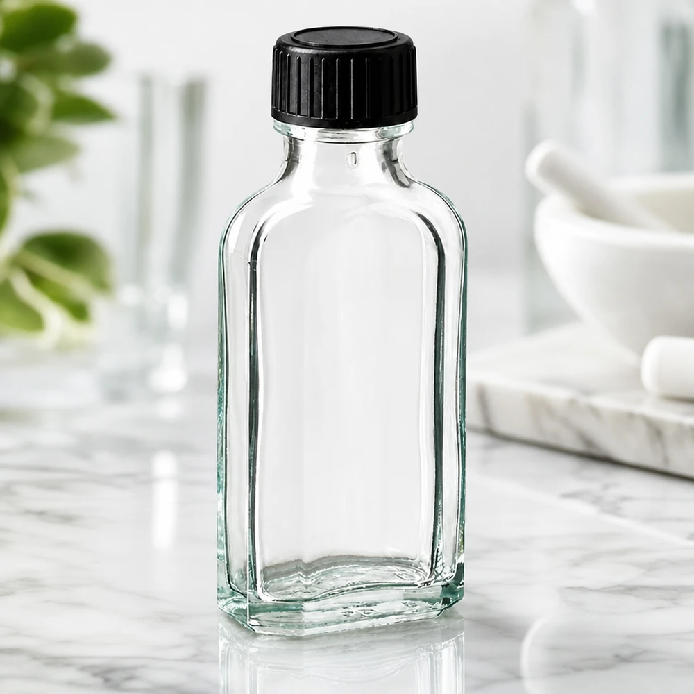 Gennemsigtig Meplat-glasflaske på 50 ml med sort skruelåg på en marmorplade