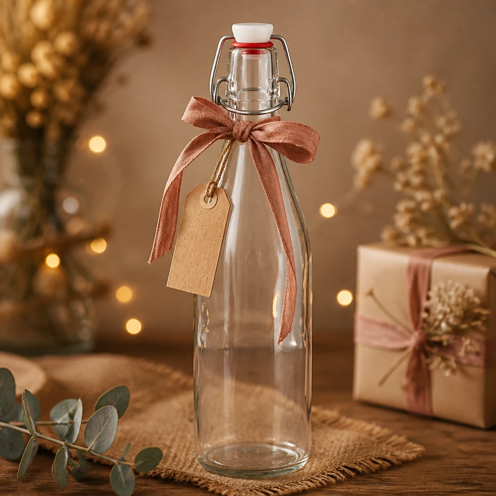 500 ml glasflaske og hængelåg i PVC UNiTWIST 500 ml glasflaske med svingtop Juledekoration gaveæske sløjfe tag gyldne lys