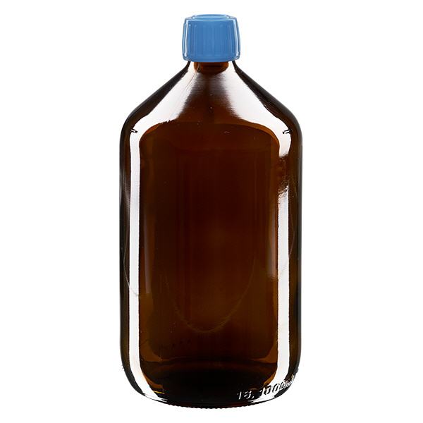 1000 ml medicinflaske brun, blå hætte med tyverisikring ApoGlas. Farmaceutisk kvalitet fra EU-produktion. 28 mm (PP28) gevind. (sirup, lys glasflaske) 1000 ml medicinflaske brun, blå hætte med tyverisikring ApoGlas. Farmaceutisk kvalitet fra EU-produktion. 28 mm (PP28) gevind. (sirup, lys glasflaske)