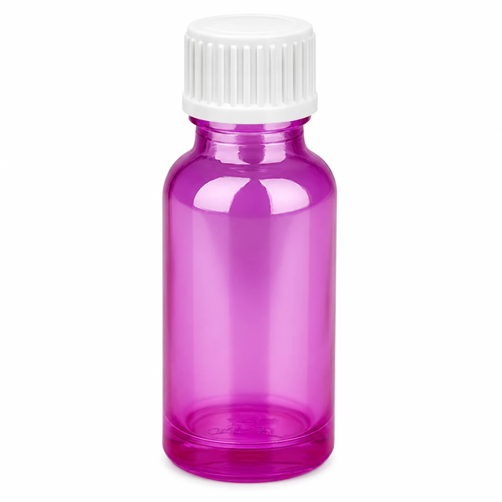 20 ml (kugle) flaske 3 mm hældering hvid standard PurpleLine.UT18/20 20 ml glasflaske i lys violet med hvidt skruelåg til æteriske olier