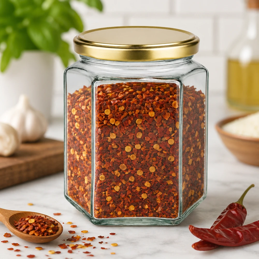 500 g honningglas med gyldent låg BasicSeal UNiTWIST Sekskantet 500 g BasicSeal honningkrukke med gyldent låg fyldt med chiliflager Spices Kitchen