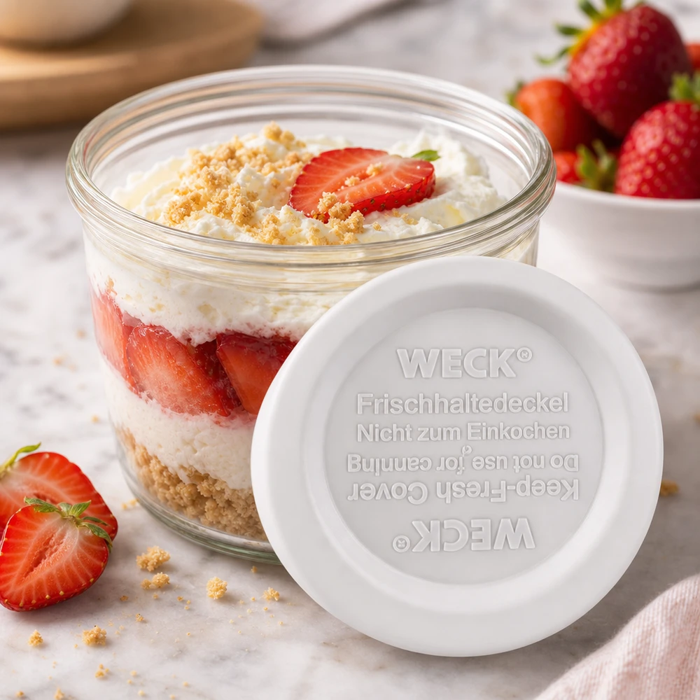 WECK/REX keep-fresh-låg RR40 WECK RR40 keep-fresh-låg med jordbærdessert i krukke - perfekt til søde desserter og lagdelte desserter
