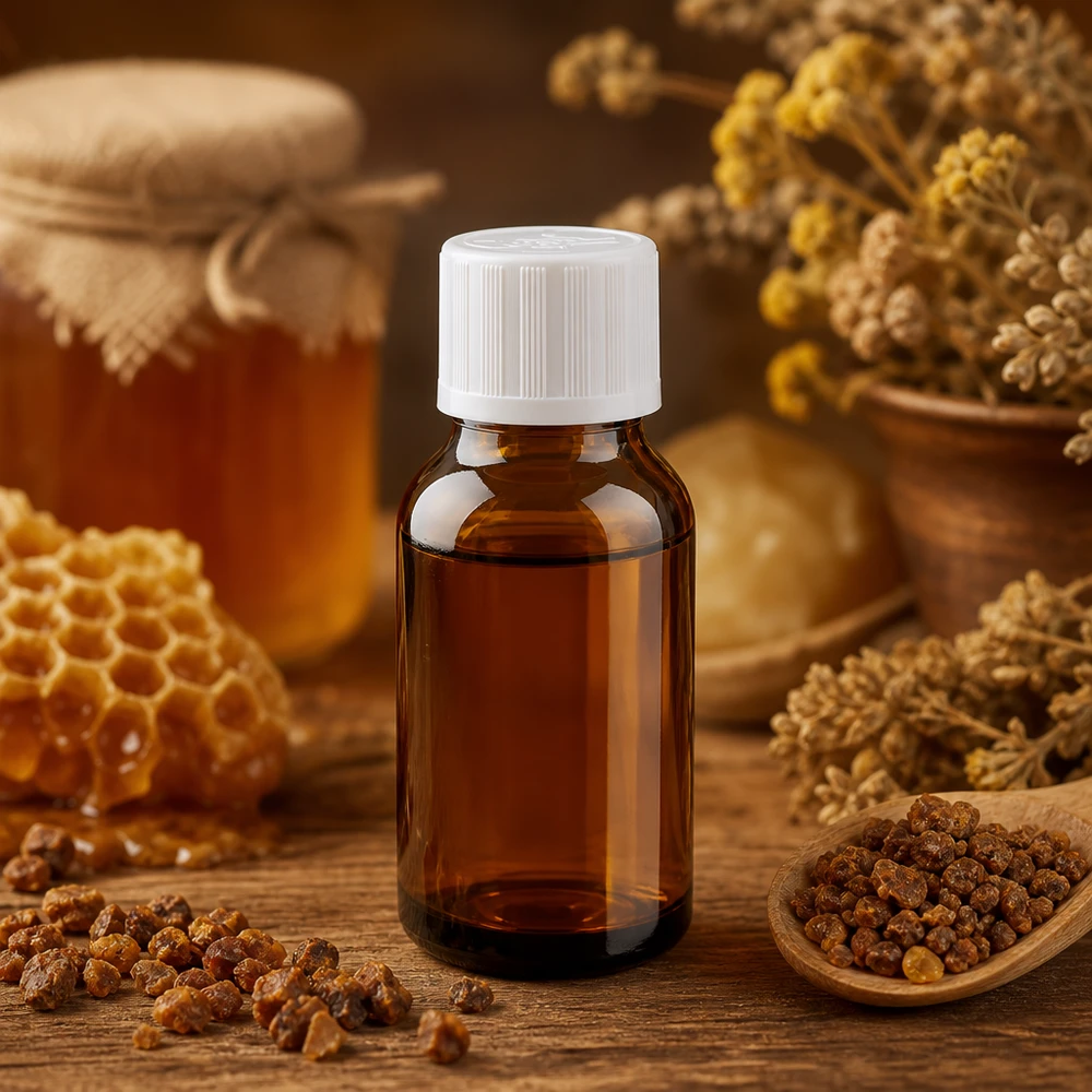 Propolis-ekstrakt i en brun 15 ml apoteksflaske med et børnesikret hvidt skruelåg