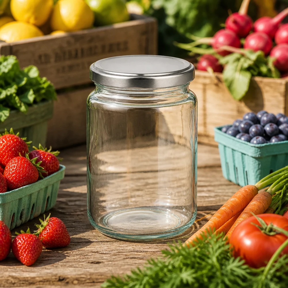 382 ml rund krukke med BasicSeal-låg sølv UNiTWIST 382ml Rundglas mit silbernem BasicSeal Deckel inmitten frischer Gartenprodukte Erdbeeren Karotten Tomaten Bauernmarkt