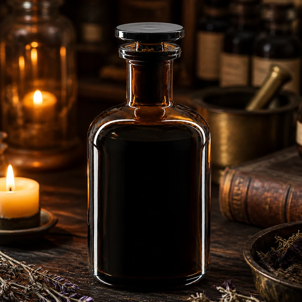 Rund skulderflaske 100 ml brun glasprop med smal hals Vintage apotekerflaske, 100 ml, brun, med glasprop, mellem stearinlys og gamle bøger