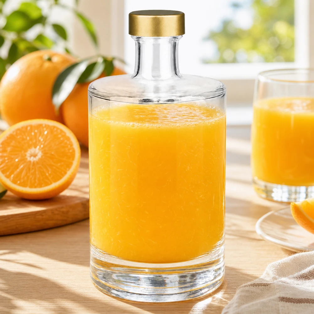 500 ml glasflaske »Sam« + skruelåg guld UNiTWIST® 500ml Glasflasche Sam mit Orangensaft befüllt goldener UNiTWIST Verschluss frische Orangen Frühstücks Szene natürliches