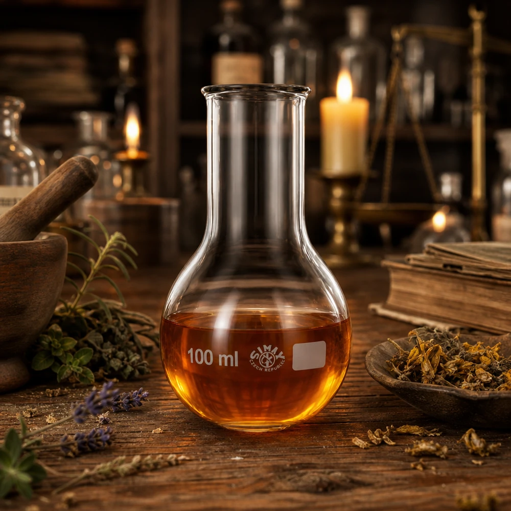 Kolbe med rund bund 100 ml bred hals Rundbundet kolbe med 100 ml bred hals og gradueret skala til præcis volumenbestemmelse i laboratoriet