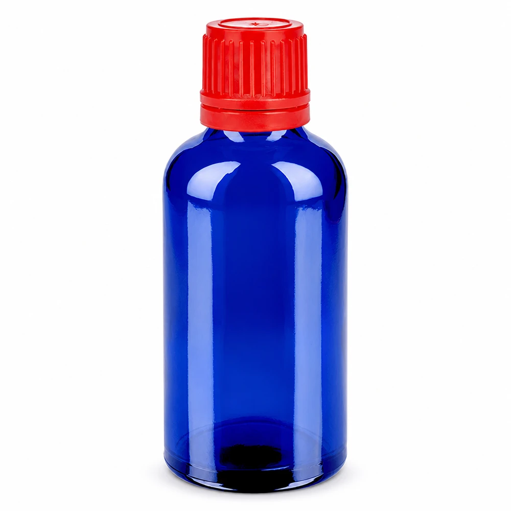 50 ml flaske 11 mm SV rød OV BlueLine UT18/50 50 ml glasflaske blå med rød hætte 11 mm SV OV BlueLine UT18/50