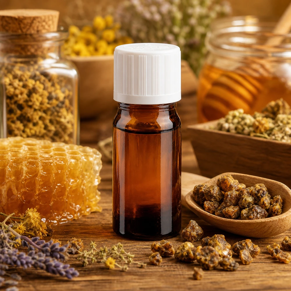 Apoteksflaske brun 5ml skruelåg hvid KiSi St Propolis og honning i en 5 ml brun glasflaske med hvid børnesikret låg (11 mm)