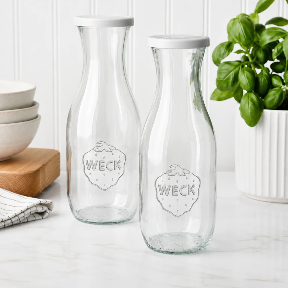 1062 ml saftflaske med friskhedslåg WECK RR60 To WECK-juiceflasker 1062 ml med hvide låg i moderne køkken ved siden af skåle og basilikumplante