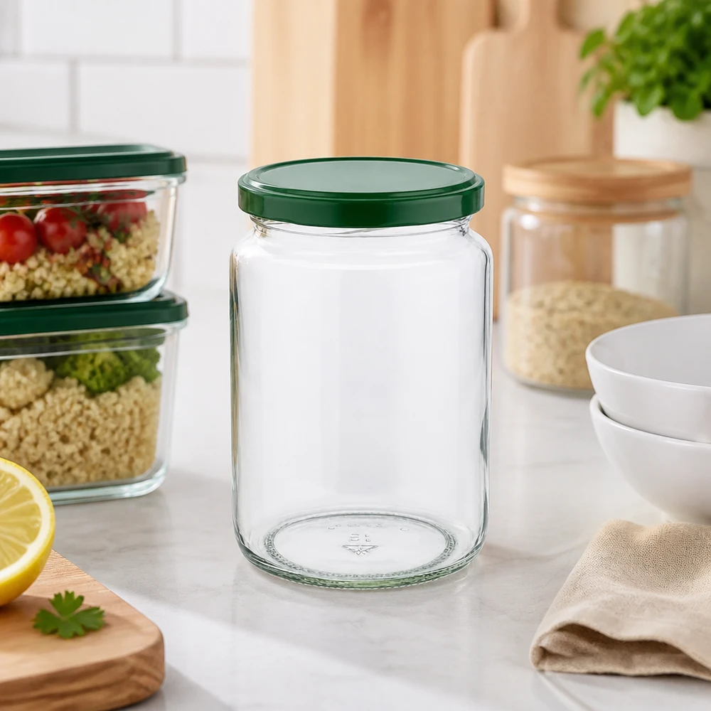 795 ml rund krukke + BasicSeal-låg grøn UNiTWIST 795 ml rund krukke UNiTWIST tom med grønt BasicSeal-låg i moderne køkkener ved siden af måltidskasser og opbevaringskrukker