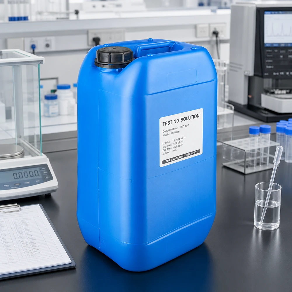 Blå 15-liters laboratoriekanister med skruelåg (OV) på en sort arbejdsflade ved siden af analysevægten