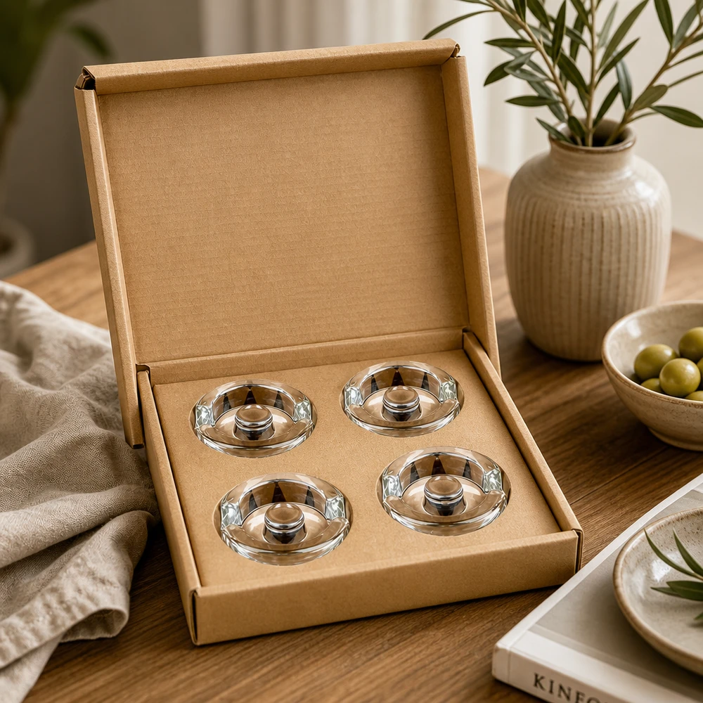Fermenteringsvægte i glas med håndtag, sæt med 4 UNiTWIST UNiTWIST Fermentier-Glasgewichte 4er Set in stilvoller Kartonbox auf Holztisch neben Olivenschale und Keramikvase