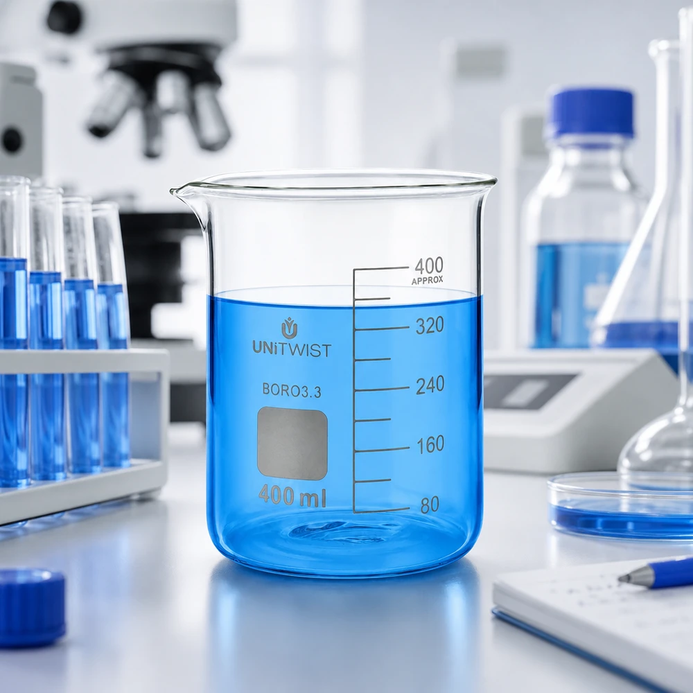 Bæger 400 ml borosilikat, lav form UNiTWIST UNiTWIST laboratoriebæger, 400 ml, lavt, med blå væske på et hvidt laboratoriebord