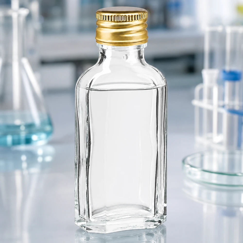 Miniatur Meplat-flaske i klart glas, 50 ml, med gylden skruelåg i aluminium (PP22) til brug i laboratoriemiljøet