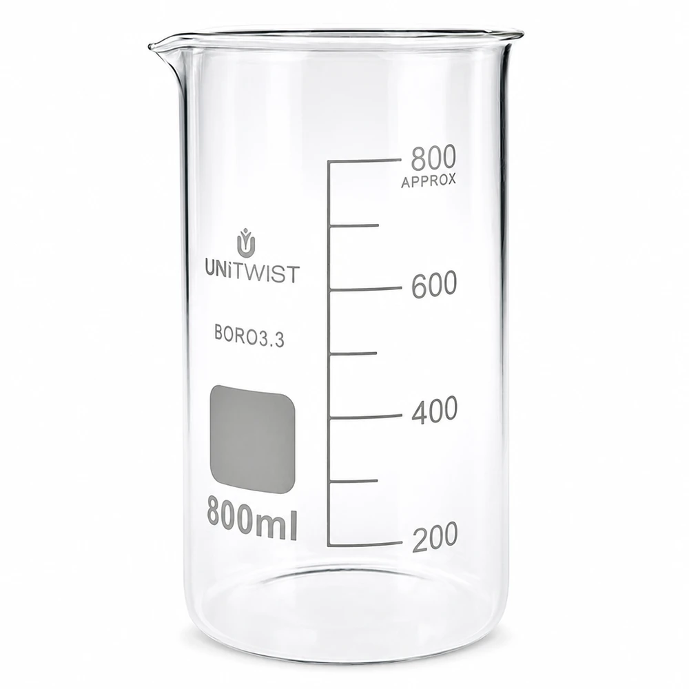 Bægerglas 800 ml borosilikat, høj form UNITWIST 800 ml beger i høj udformning af borosilikatglas med milliliterskala fra UNITWIST