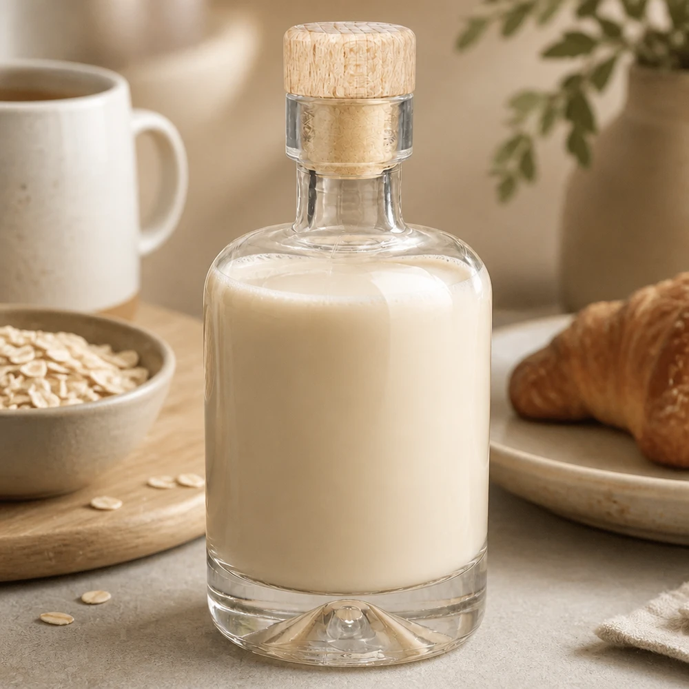 50 ml glasflaske Amelie med træhåndtag UNiTWIST 50ml Glasflasche Amelie mit cremigem Hafermilch-Inhalt neben Haferflocken und Gebäck im gemütlichen Küchen-Ambiente