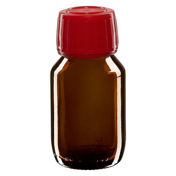 50 ml medicinflaske brun, rød hætte med tyverisikring ApoGlas. Farmaceutisk kvalitet fra EU-produktion. 28 mm (PP28) gevind. (sirup, lys glasflaske) 50 ml medicinflaske brun, rød hætte med tyverisikring ApoGlas. Farmaceutisk kvalitet fra EU-produktion. 28 mm (PP28) gevind. (sirup, lys glasflaske)