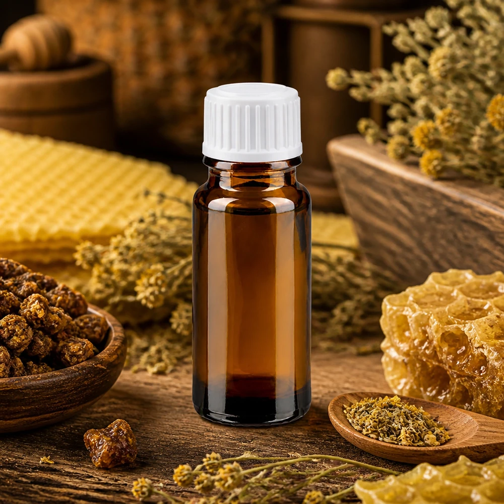 Brun 10 ml apotekerflaske med hvid prop, omgivet af bikager og propolis