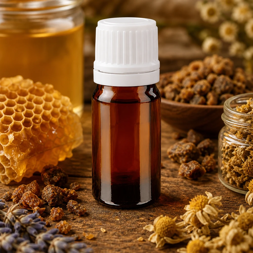 Ekstrakt af lægeplanter, flaske på 5 ml i ravfarvet glas med hvid skruelåg, omgivet af propolis og honning