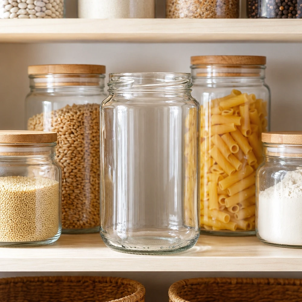 UNiTWIST Runda375 - Rund krukke med en kapacitet på 375 ml TO63 UNiTWIST Runda375 rund krukke 375ml TO63 i et organiseret spisekammer mellem fyldte opbevaringskrukker med pasta og