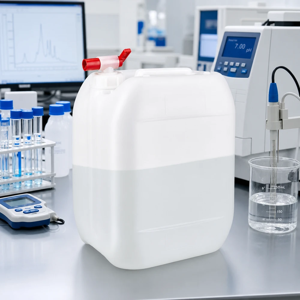 Hvid laboratoriebeholder på 10 liter med rødt udløbshan ved siden af et pH-meter og et bægerglas