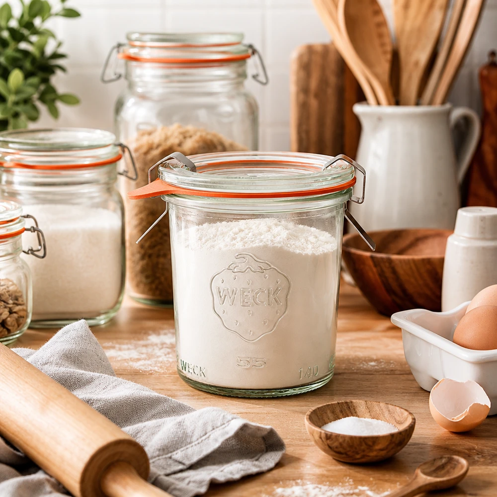 140 ml Briller komplet WECK RR60 WECK 140 ml RR60-bægre fyldt med mel i køkkenet med bageingredienser, æg, kagerulle og træredskaber til bagning