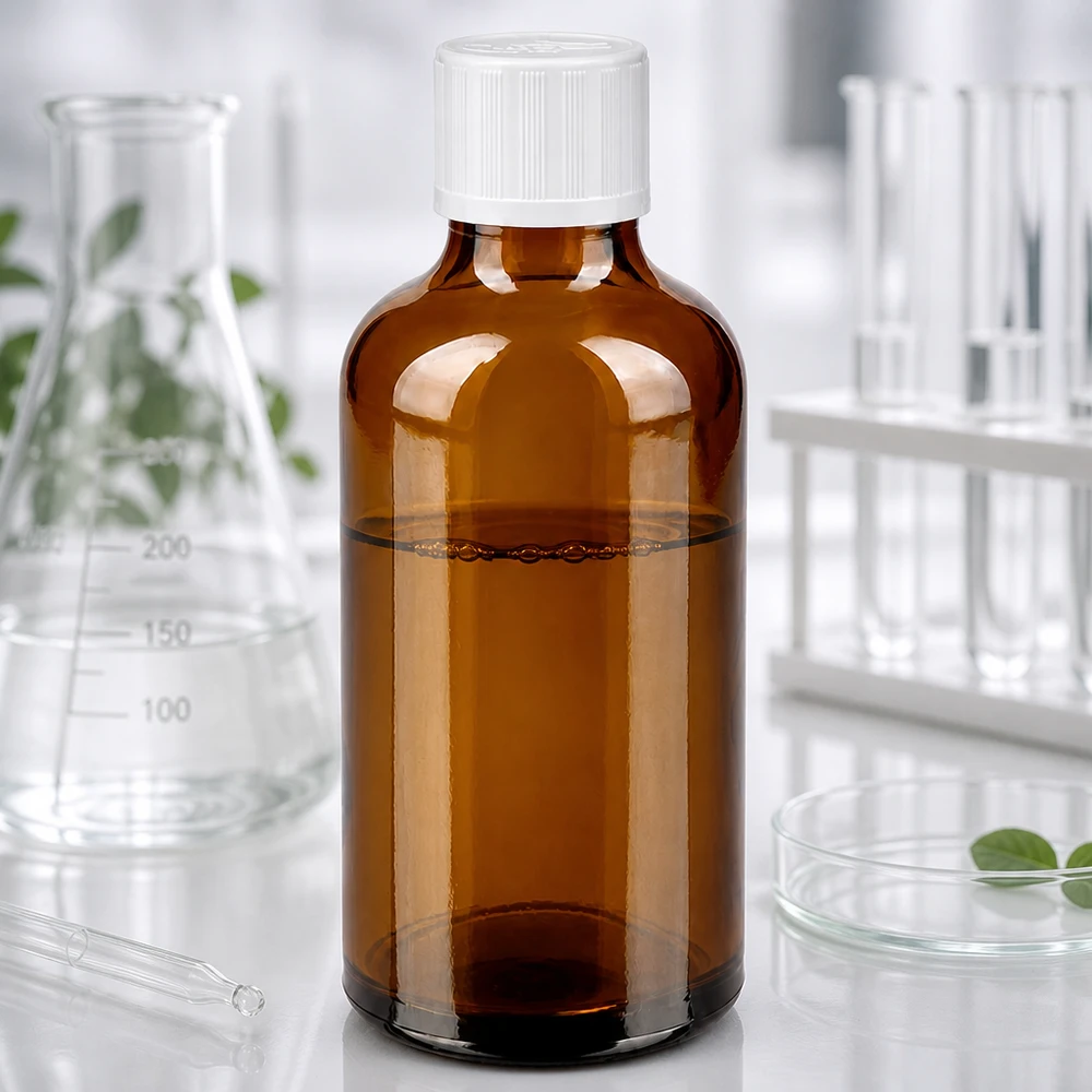 50 ml apotekerflaske af brunt glas med hvid børnesikret lukning i laboratoriet