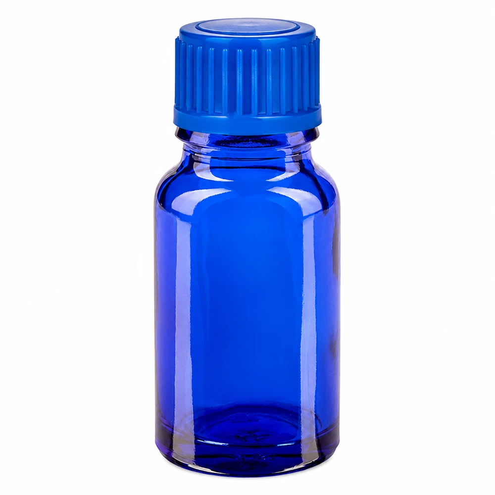 10 ml blå glasflaske med skruelåg til æteriske olier og kosmetik