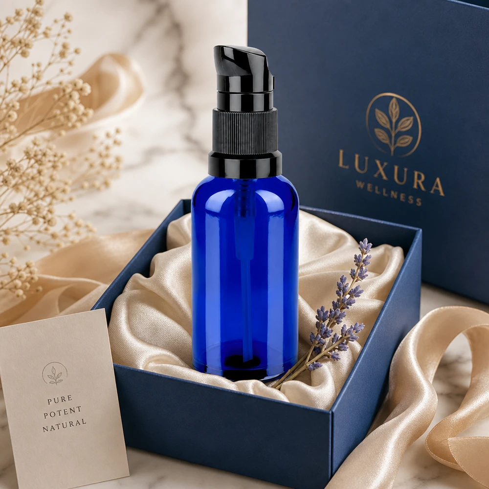 Blå glasflaske i høj kvalitet 50 ml med sort pumpehoved til luksuriøs hudpleje STD BlueLine UT18/50