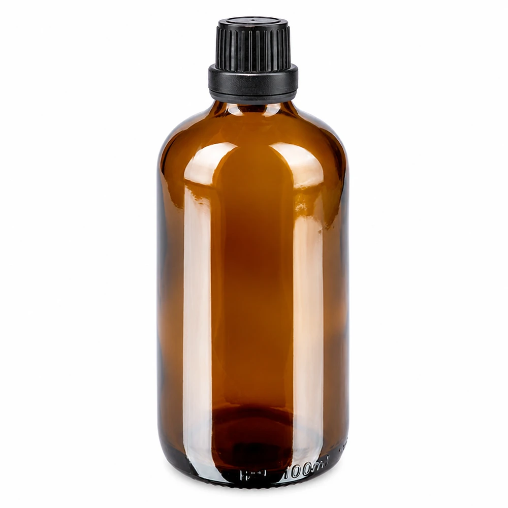 Apoteksflaske brun 100ml dryp v. Pr 2mm sort OV 100 ml brun apotekerflaske af borosilikatglas med sort OV-lukning og 2 mm dråbeindsats