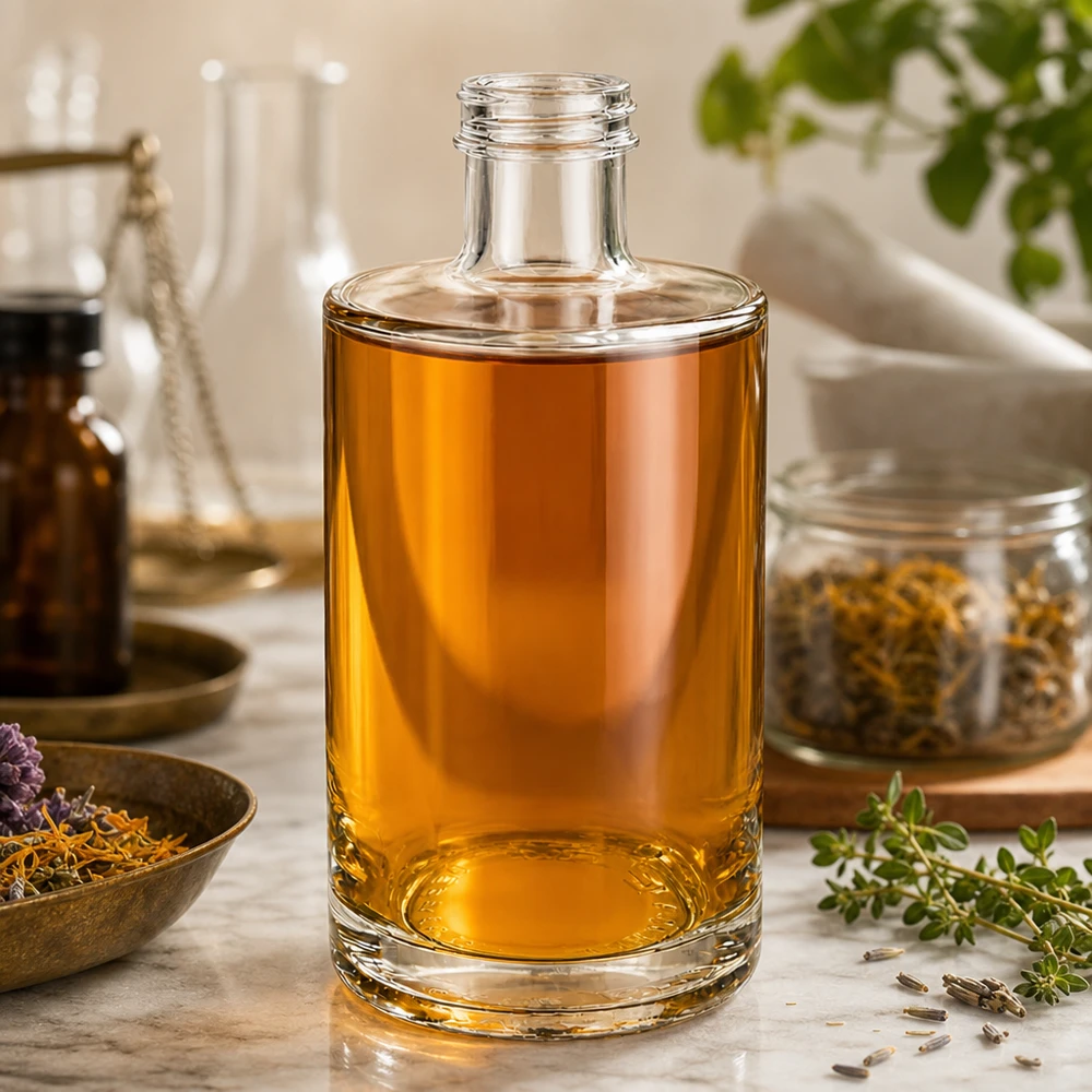 375 ml glasflaske »Sam« uden skruelukning UNiTWIST® 375 ml glasflaske Sam med ravfarvet væske arrangeret i en naturlig atmosfære med urter og krydderier