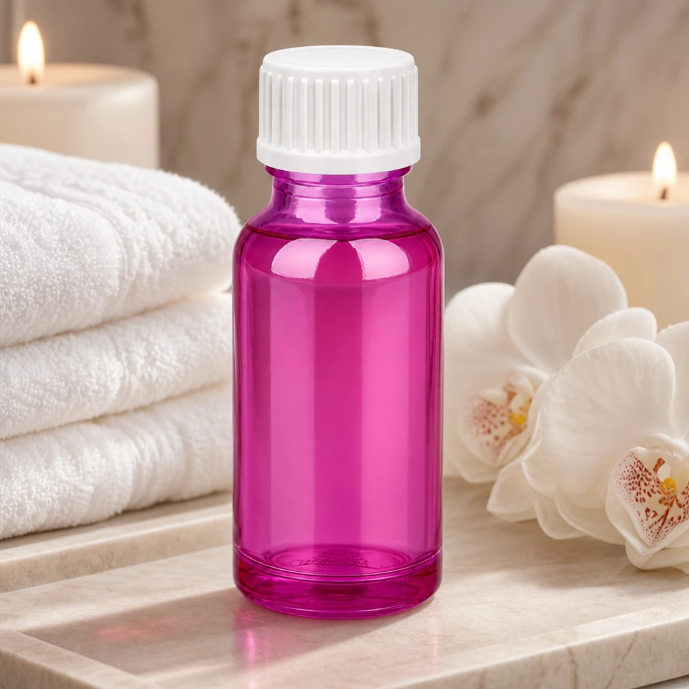 20 ml glasflaske i skinnende magenta med brugervenligt skruelåg til wellness