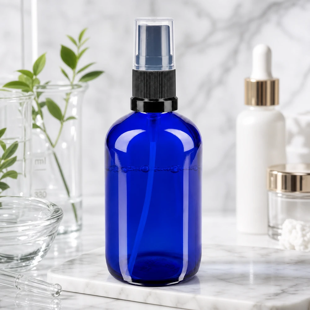 Blå 100 ml sprayflaske af apotekerglas med sort forstøver på marmor sammen med kosmetikprodukter