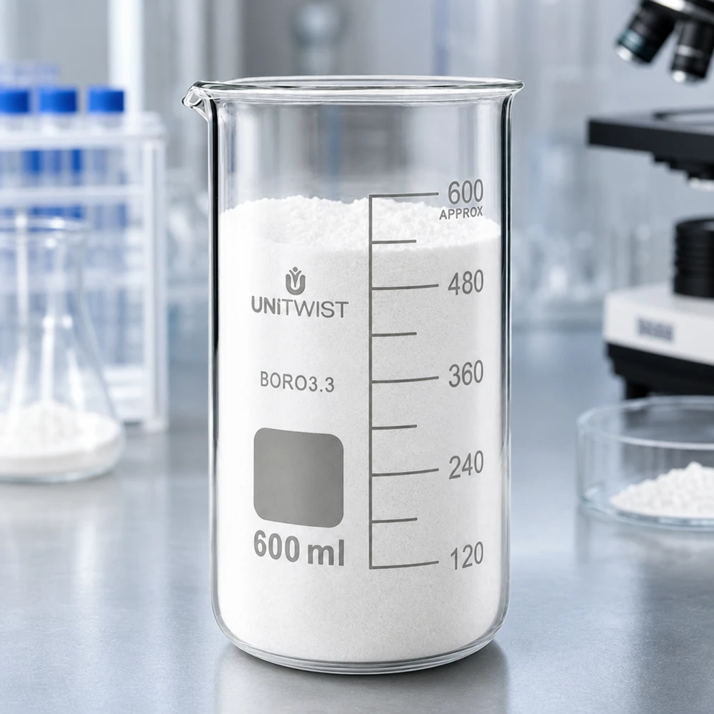 Bæger 600 ml borosilikat, høj form UNITWIST UNITWIST-bægerglas, 600 ml, høj model, fyldt med hvidt pulver på en laboratoriebordplade